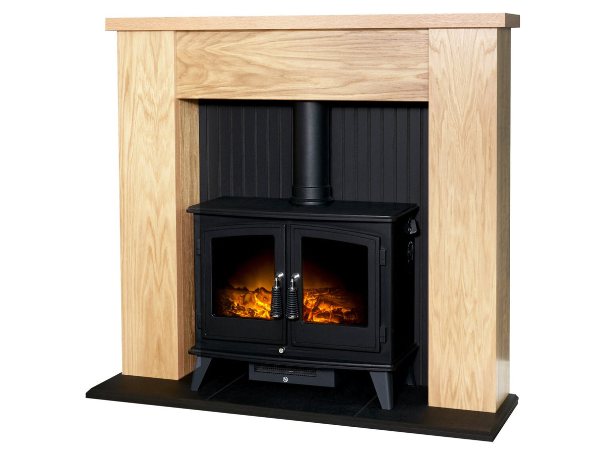 New England Stove Fireplace in Oak with Woodhouse Electric Stove in Black
