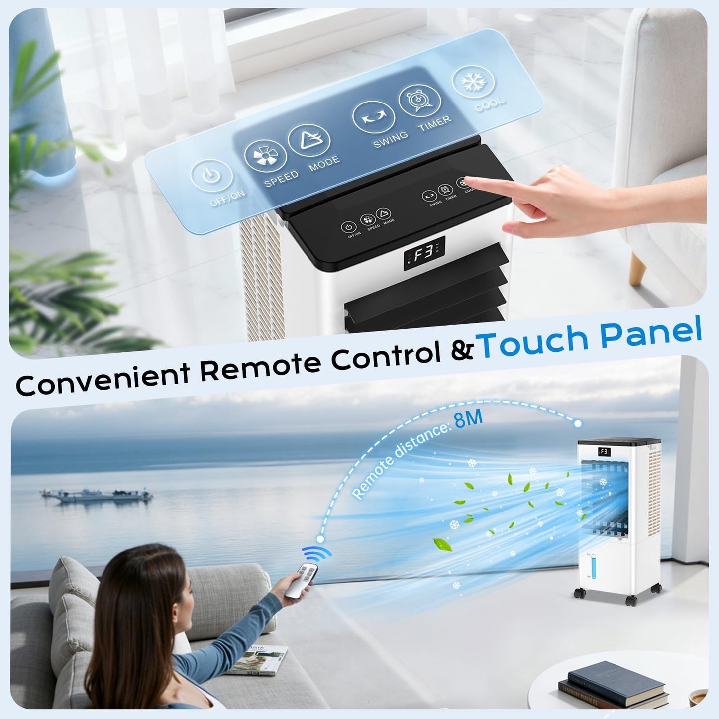 60W Evaporative Air Cooler with 8L Water Tank, Remote Control, LED Display & 4 Ice Packs