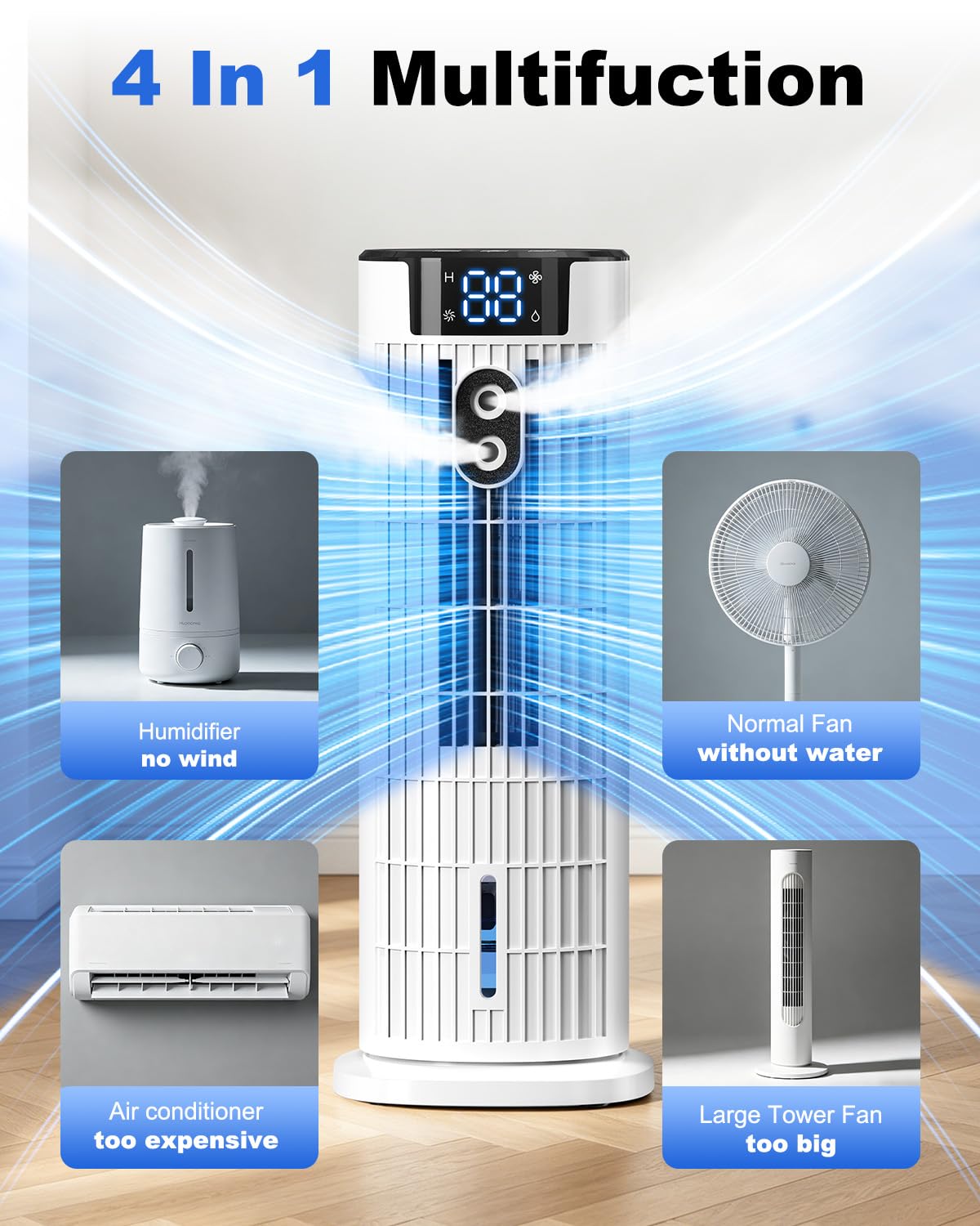4-in-1 Portable Air Cooler with Remote Control, Mist Function & Timer