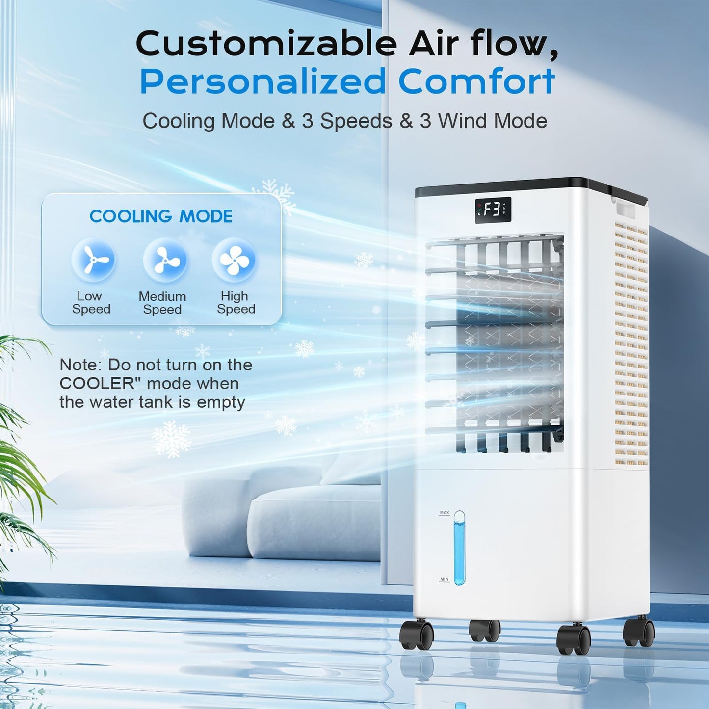 60W Evaporative Air Cooler with 8L Water Tank, Remote Control, LED Display & 4 Ice Packs