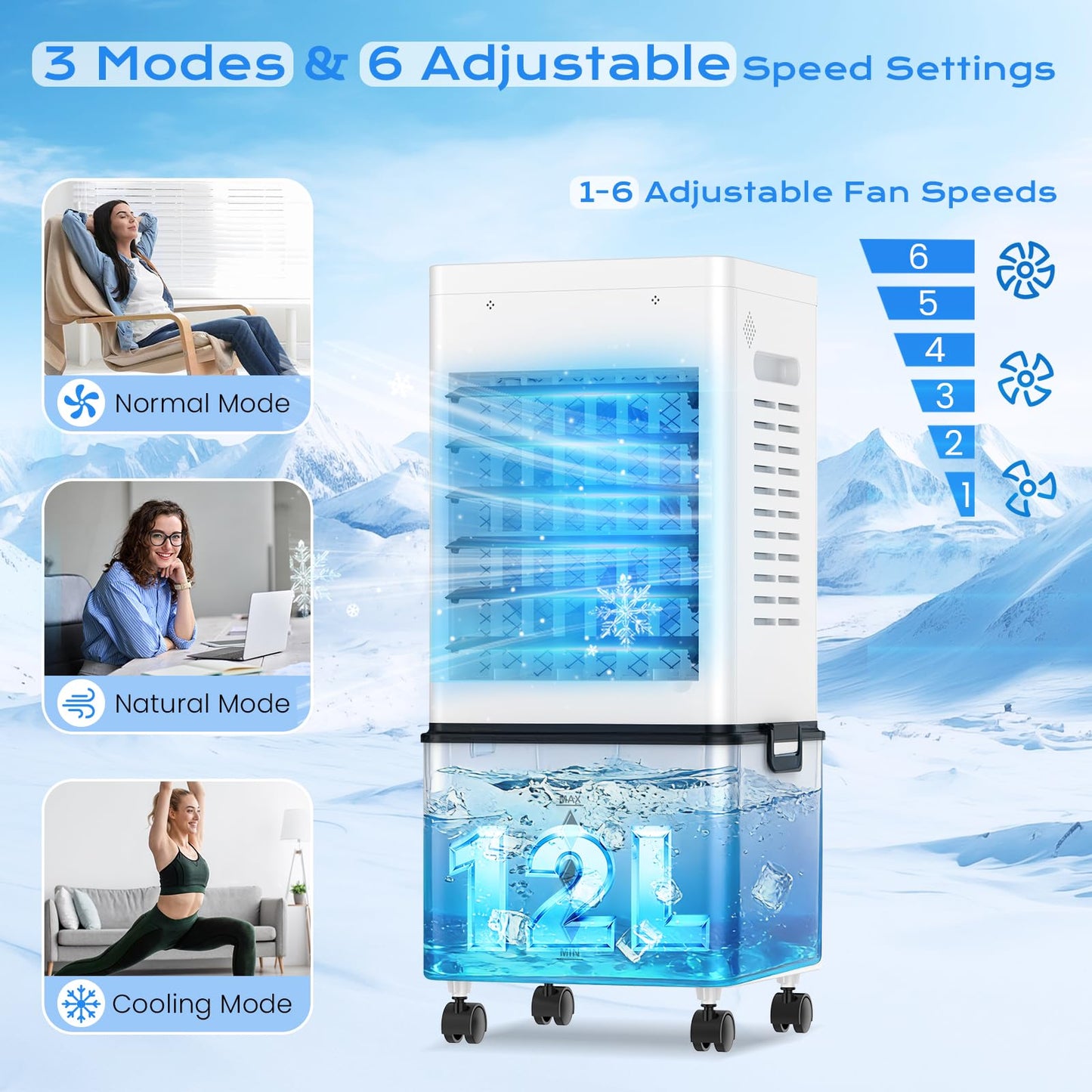 Portable Evaporative Air Cooler with 12L Tank, Remote Control & Timer
