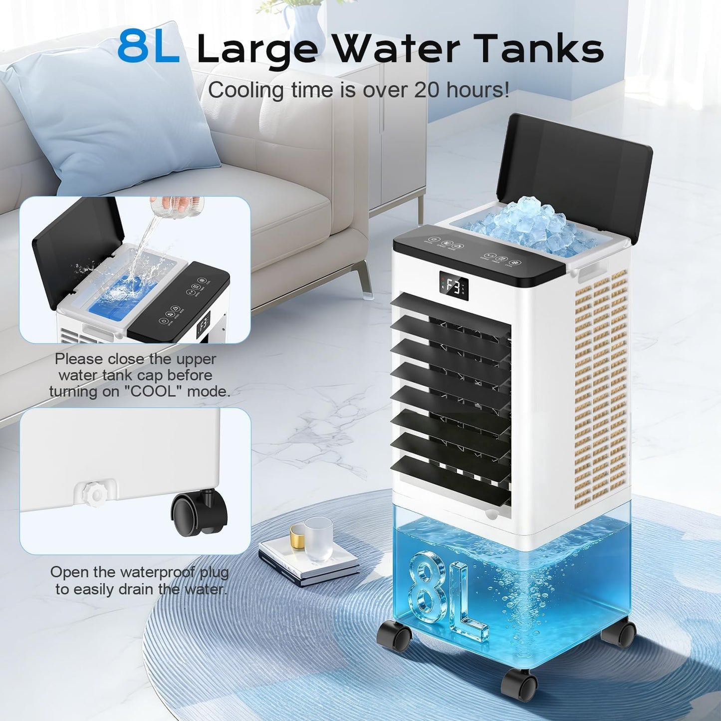 60W Evaporative Air Cooler with 8L Water Tank, Remote Control, LED Display & 4 Ice Packs