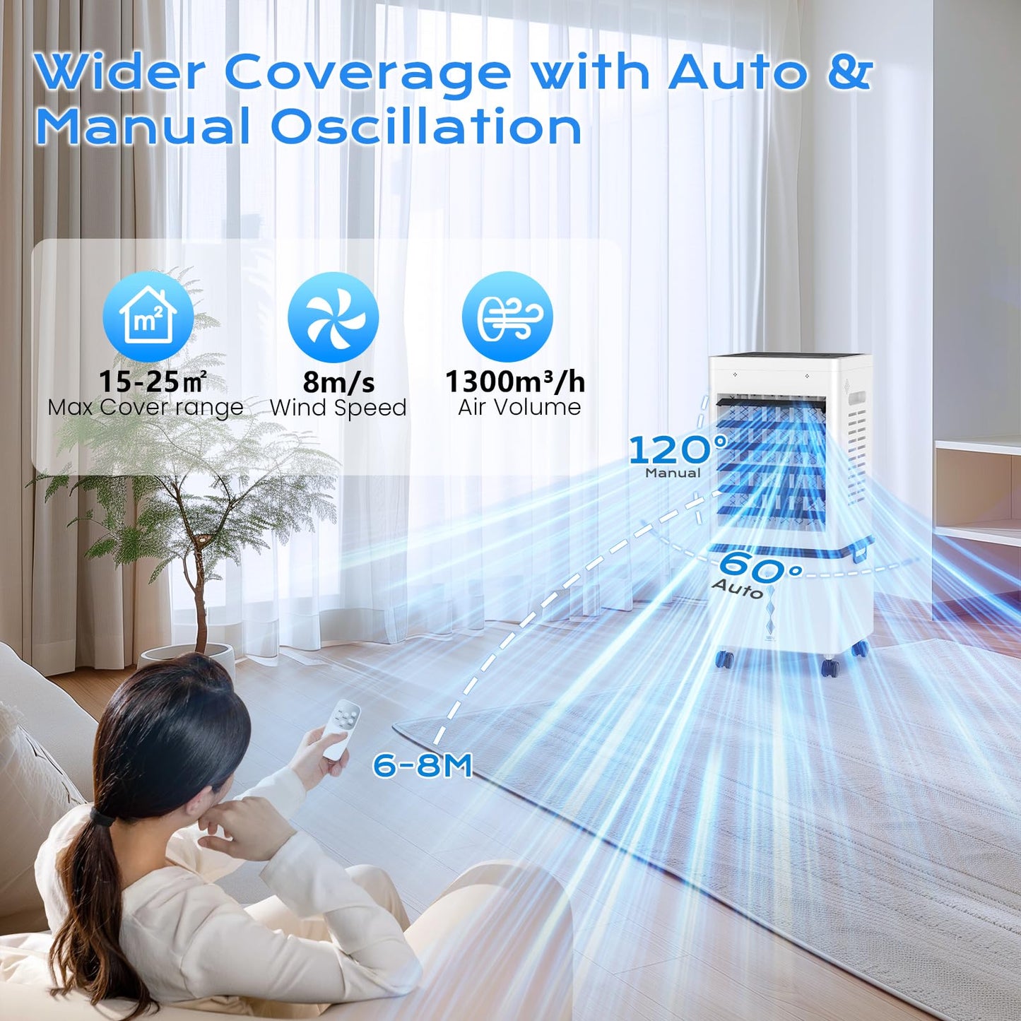 Portable Evaporative Air Cooler with 12L Tank, Remote Control & Timer
