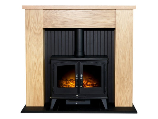 New England Stove Fireplace in Oak with Woodhouse Electric Stove in Black