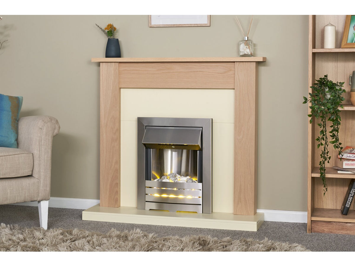 Southwold Fireplace in Oak & Cream with Helios Electric Fire in Brushed Steel