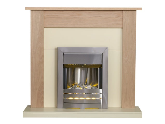 Southwold Fireplace in Oak & Cream with Helios Electric Fire in Brushed Steel