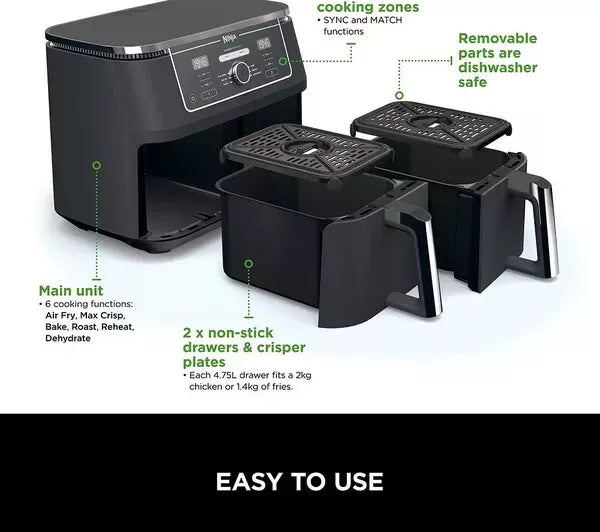 Ninja AF400UK Foodi MAX Dual Zone Air Fryer 6 Functions 9.5L + 2 Year Warranty
