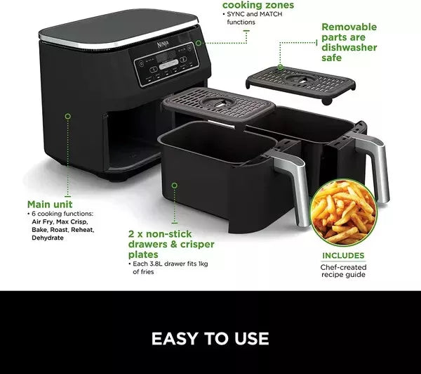 Ninja AF300UK Foodi Dual Zone Air Fryer 6 Functions 7.6L + 2 Year Warranty (New)